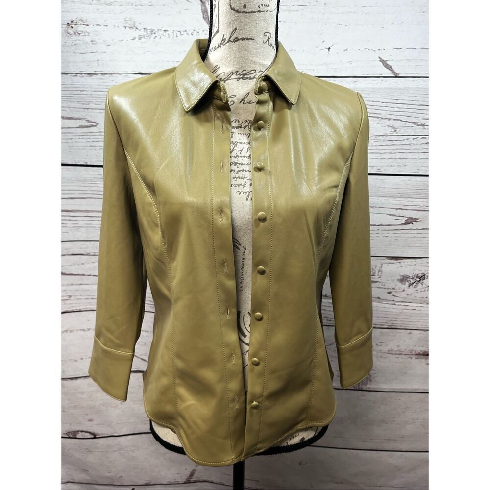 Elie Tahari Faux Leather Button Front Collared Shirt Jacket Women S